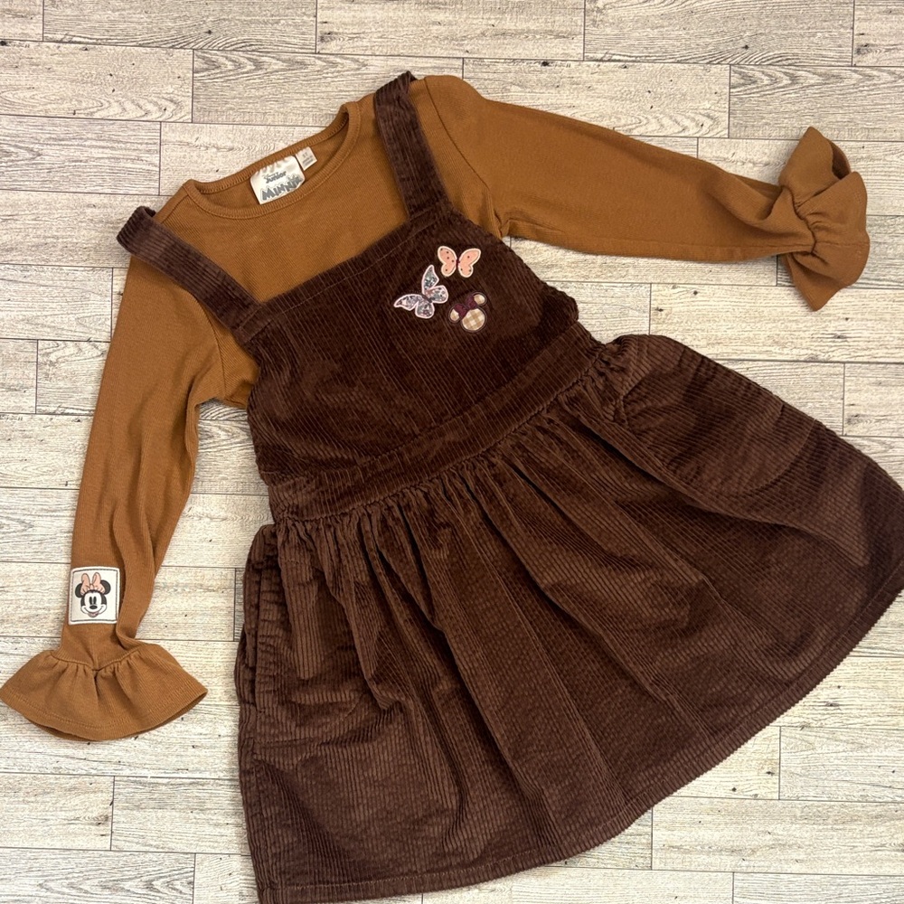 Brown Corduroy Jumper Dress with Long Sleeve Top